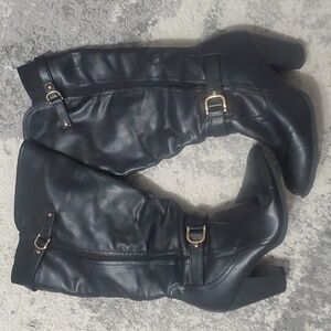 Black faux leather knee high boots